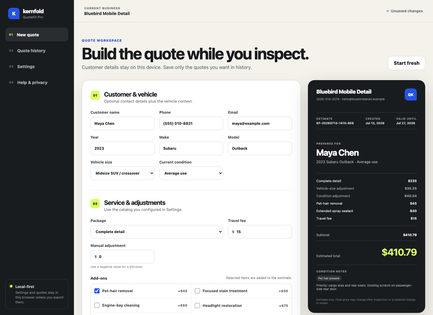 QuoteKit Pro workspace showing a branded mobile detailing estimate